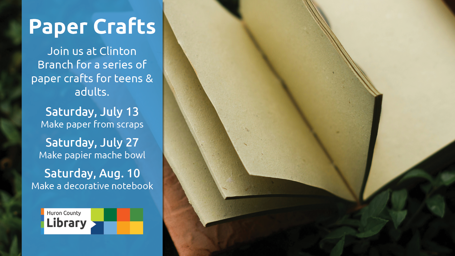 Image to a notebook with text promoting paper crafts at Clinton