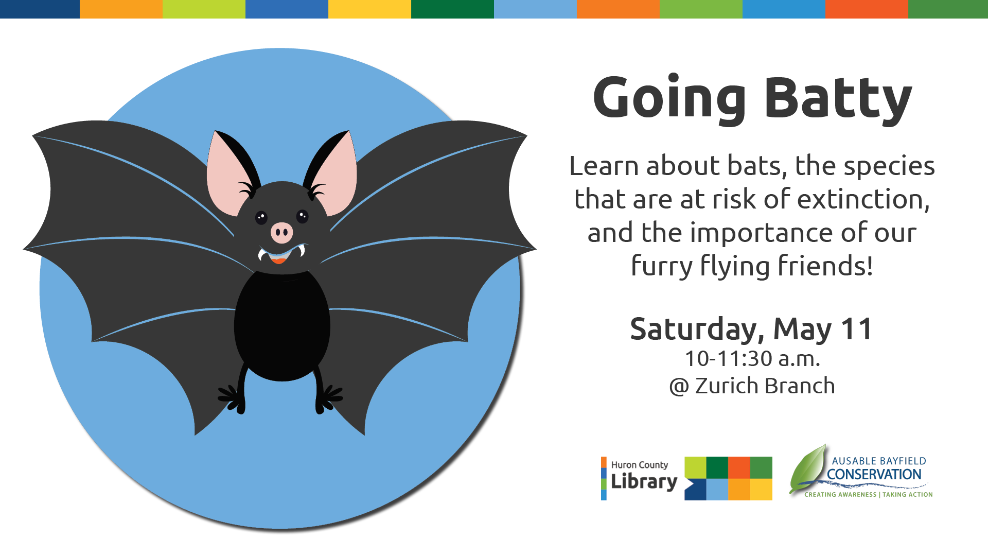 Illustration of a bat with text promoting Going Batty at Zurich Branch
