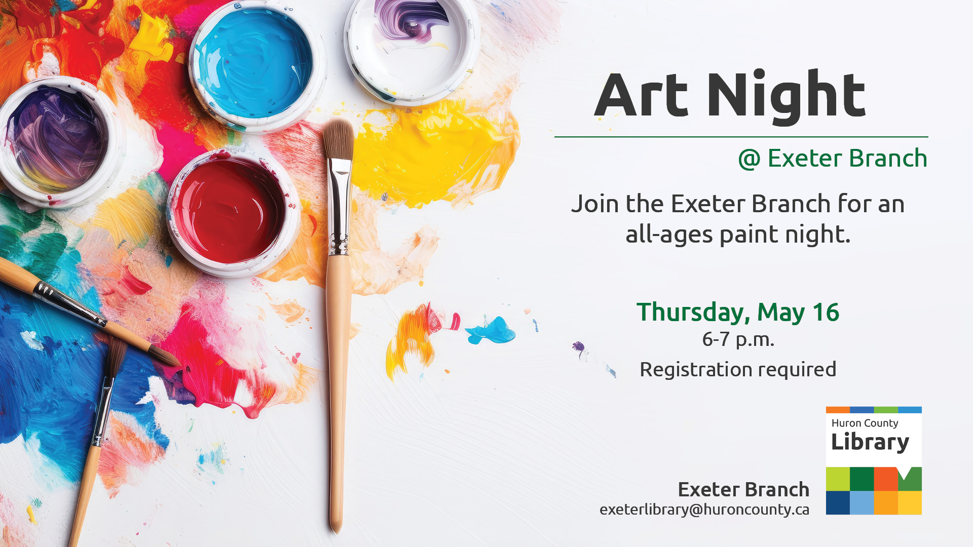 Image of paints and paint brushes with text promoting Art Night at Exeter
