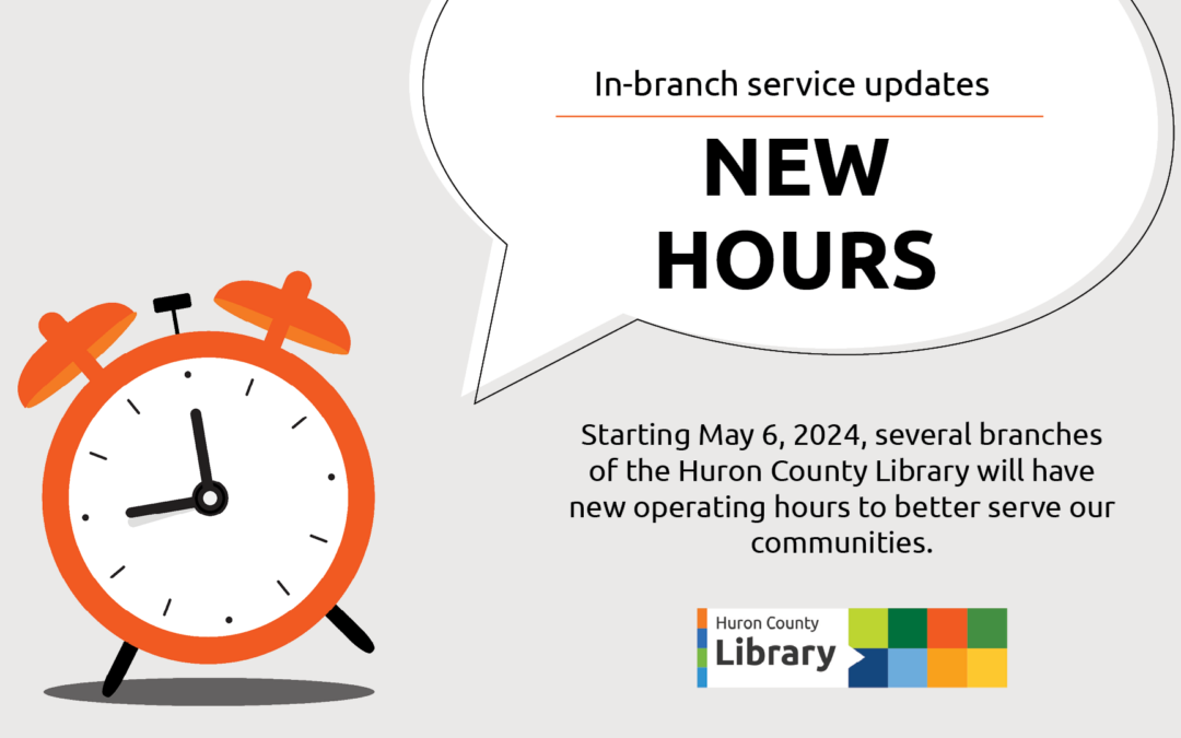 Illustration of a clock with text promoting new hours at several library branches