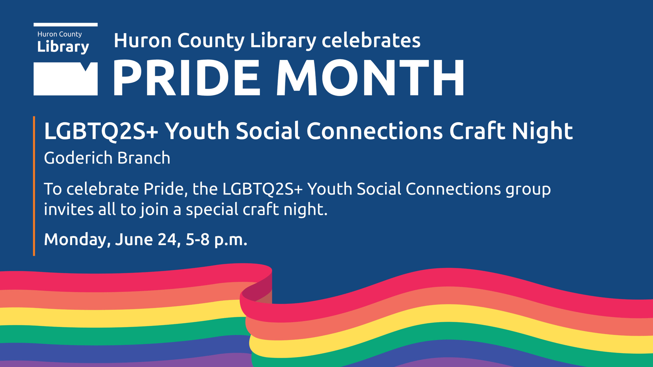 Illustration of a rainbow with text promoting LGBTQ2S+ craft night at Goderich