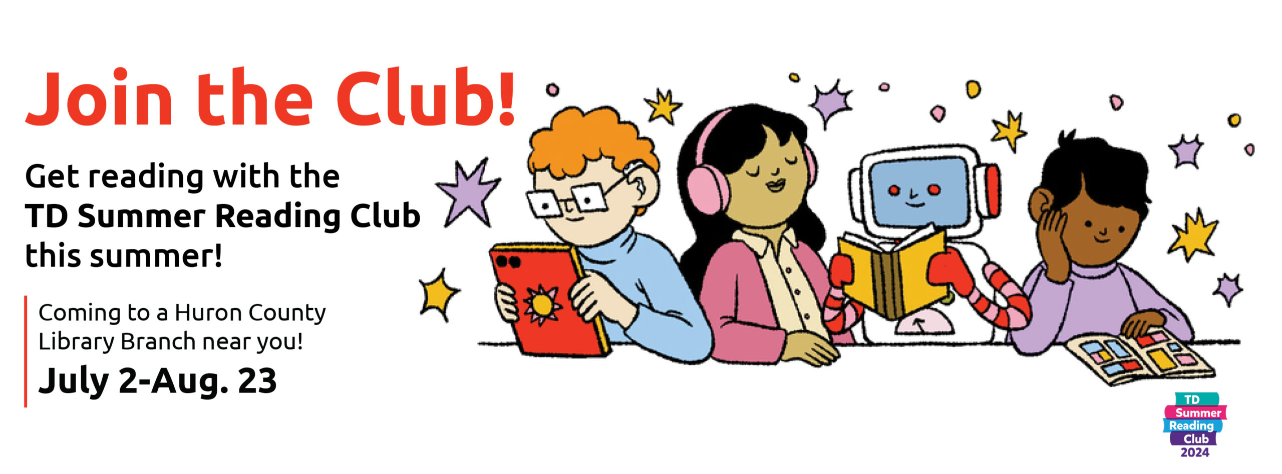 Illustration of kids reading with text promoting TD Summer Reading Club