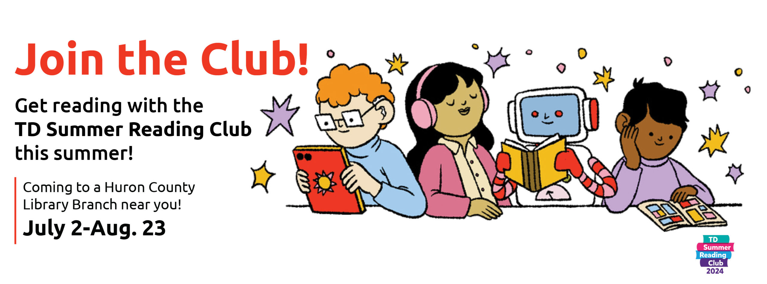 HCL - summer reading banner Illustration of kids reading with text promoting TD Summer Reading Club