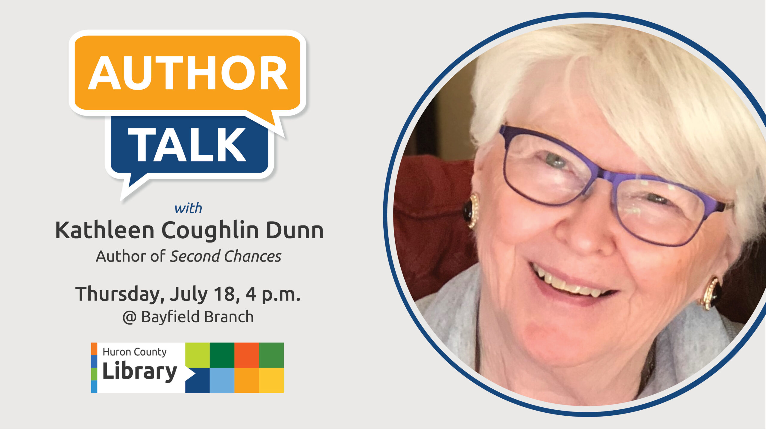 Image of author Kathleen Coughlin Dunn with text promoting Author Talk at Bayfield Branch
