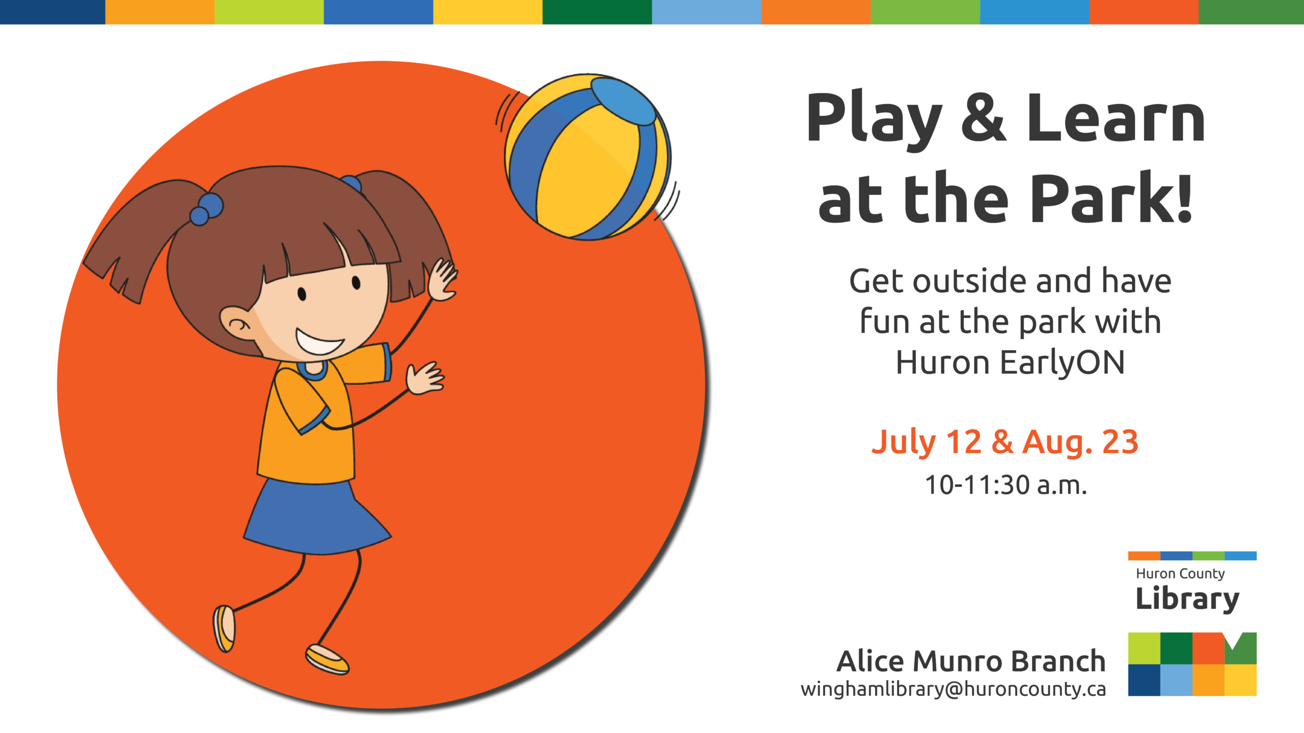 Illustration of a girl throwing a ball with text promoting play and learn at the park in Wingham
