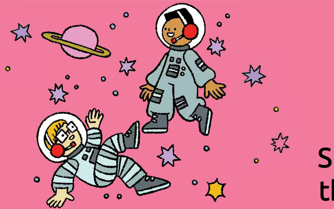 Illustration of astronauts in space with text promoting Week 2 of Summer Reading
