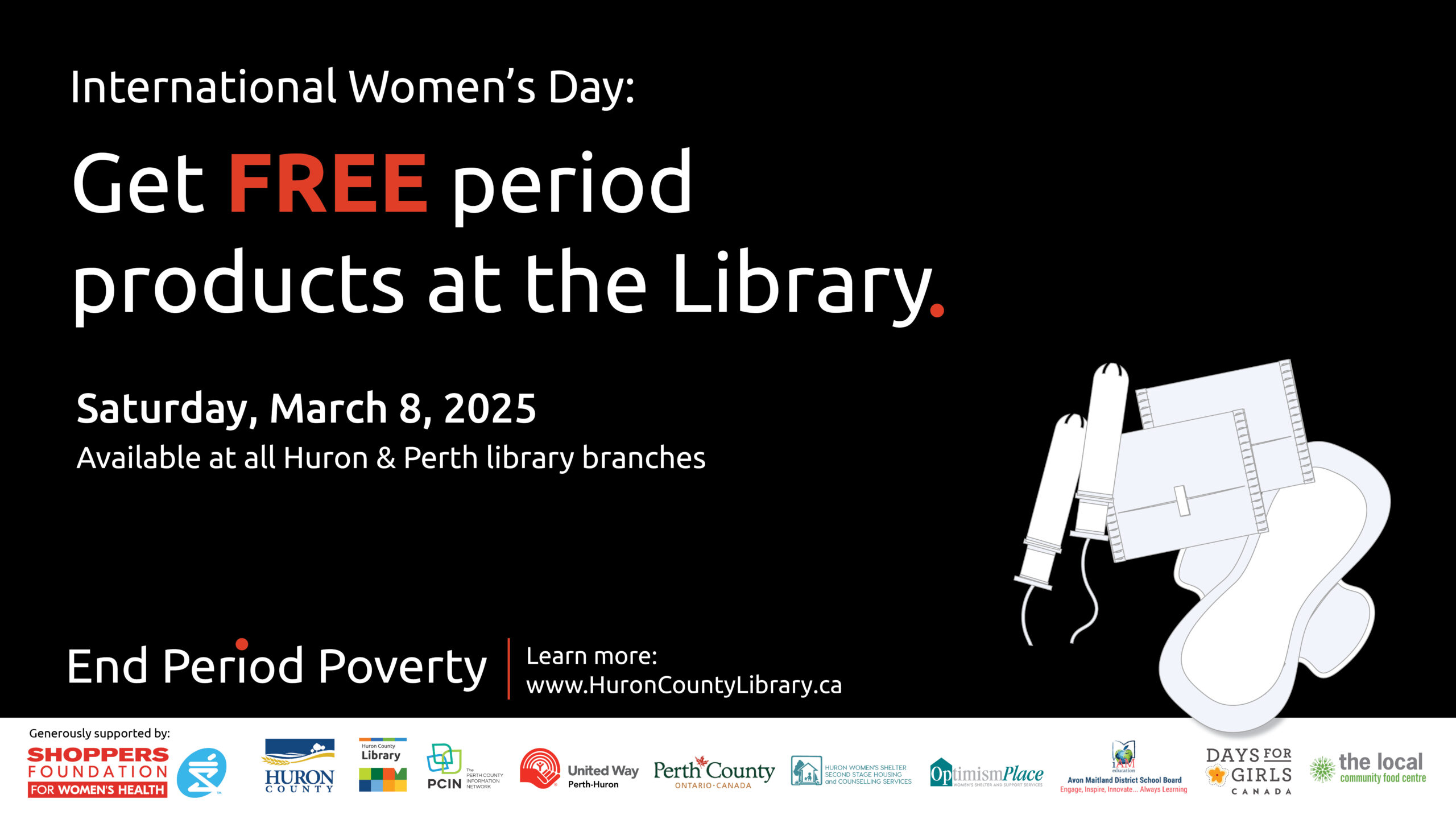 Illustration of period products with text promoting free period products on International Women's day