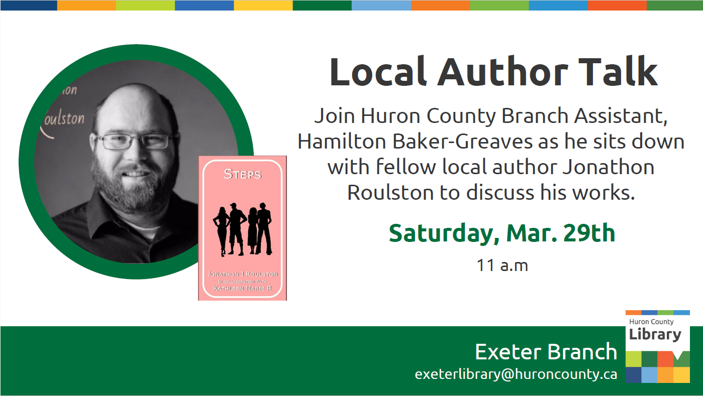 An image of the artist, his book and reiterating the time and date of the event (Saturday March 29th, 11:00 AM)