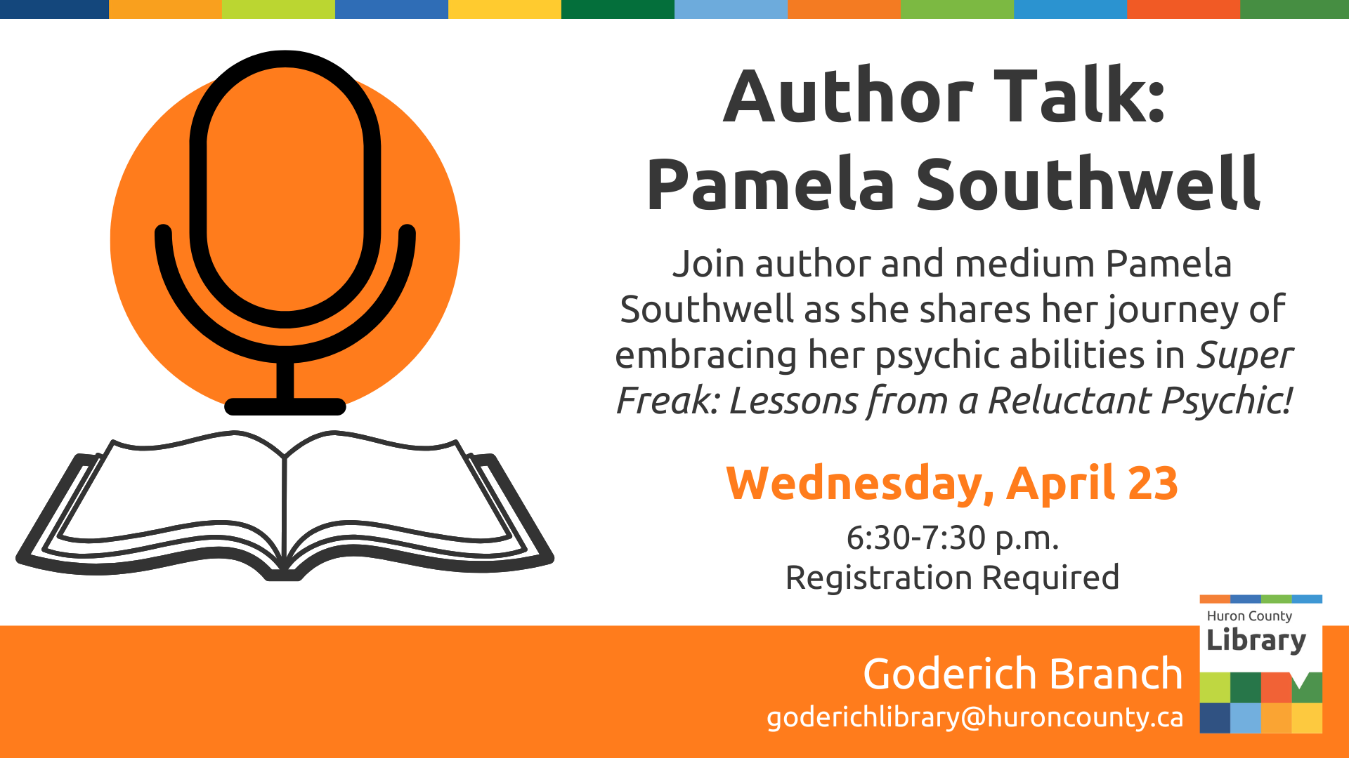 Illustration of a microphone and an open book with text promoting Author Talk at Goderich