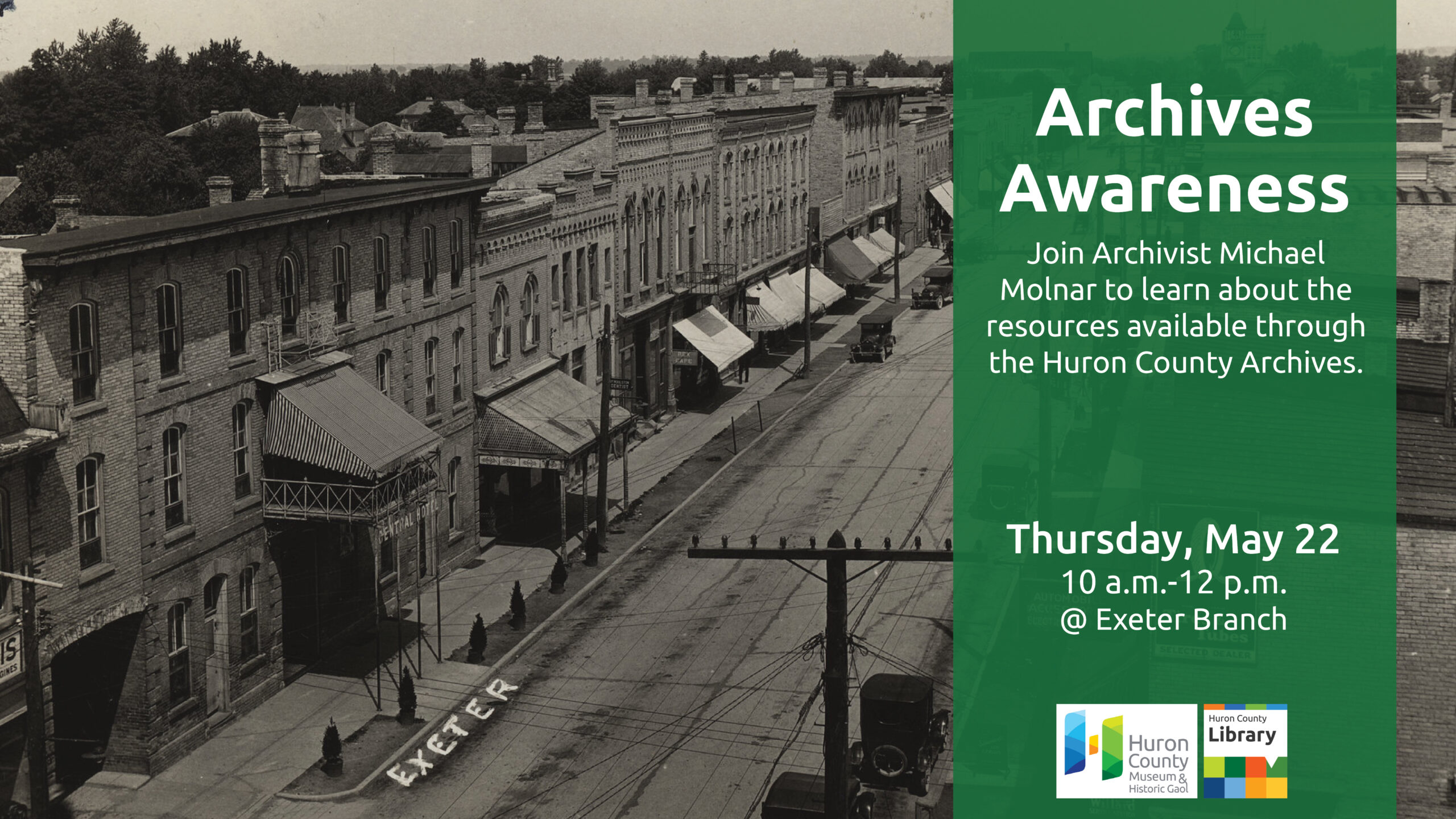 Historic image of Main Street Exeter with text promoting Archives Awareness at Exeter