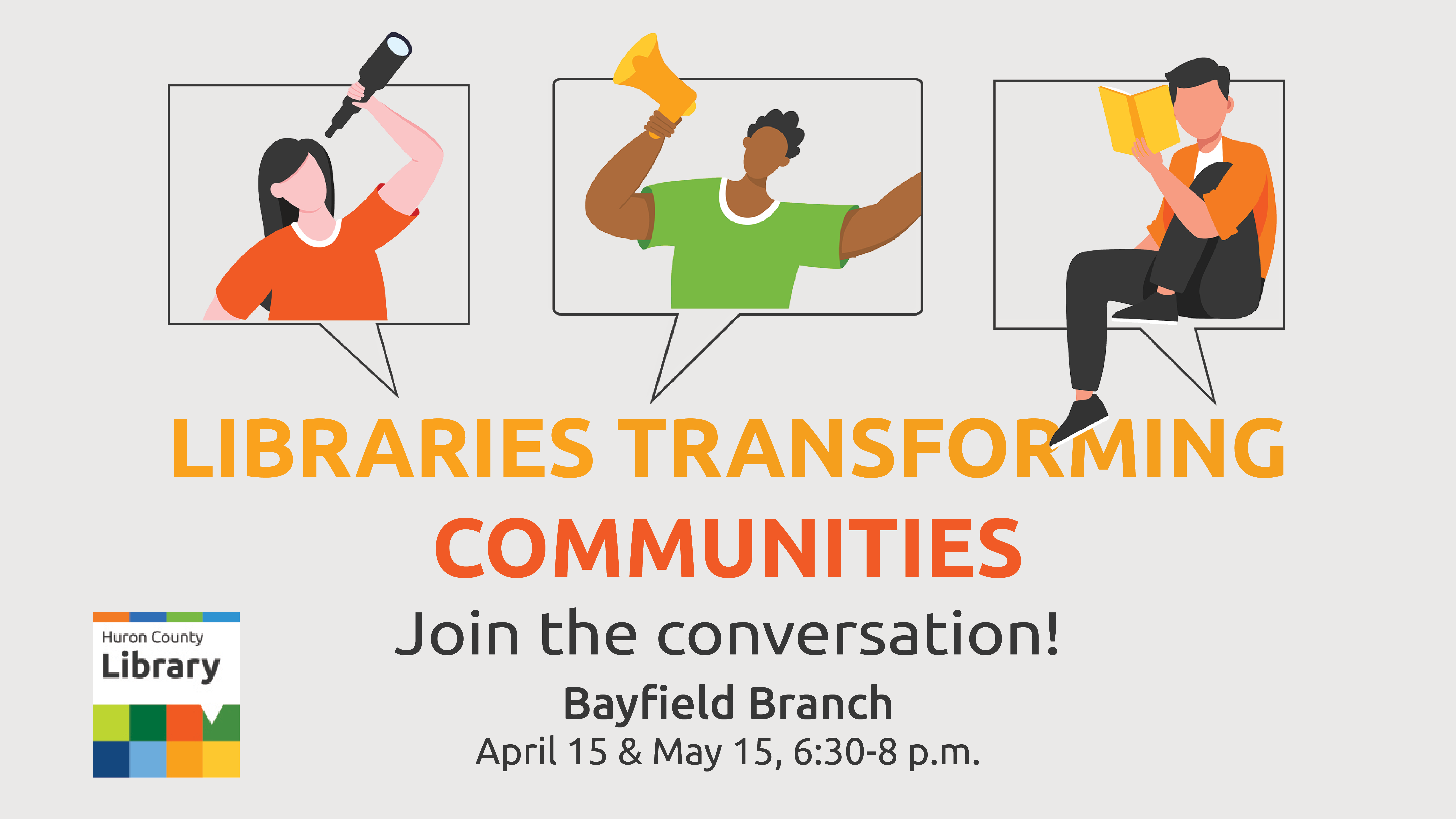 Illustrations of people in speech bubbles with text promoting Community Conversations in Bayfield