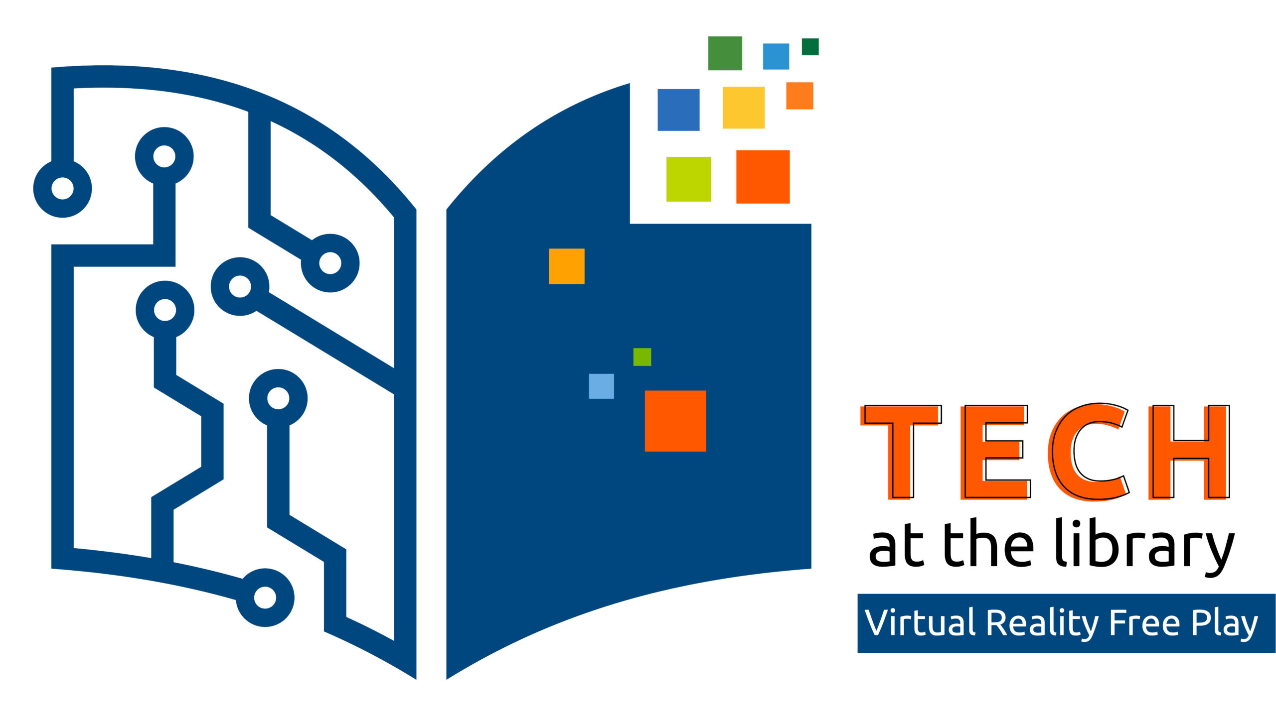 Illustration of an open book with circut drawings. Text promotes Tech at the Library: Virtual Reality Free Play