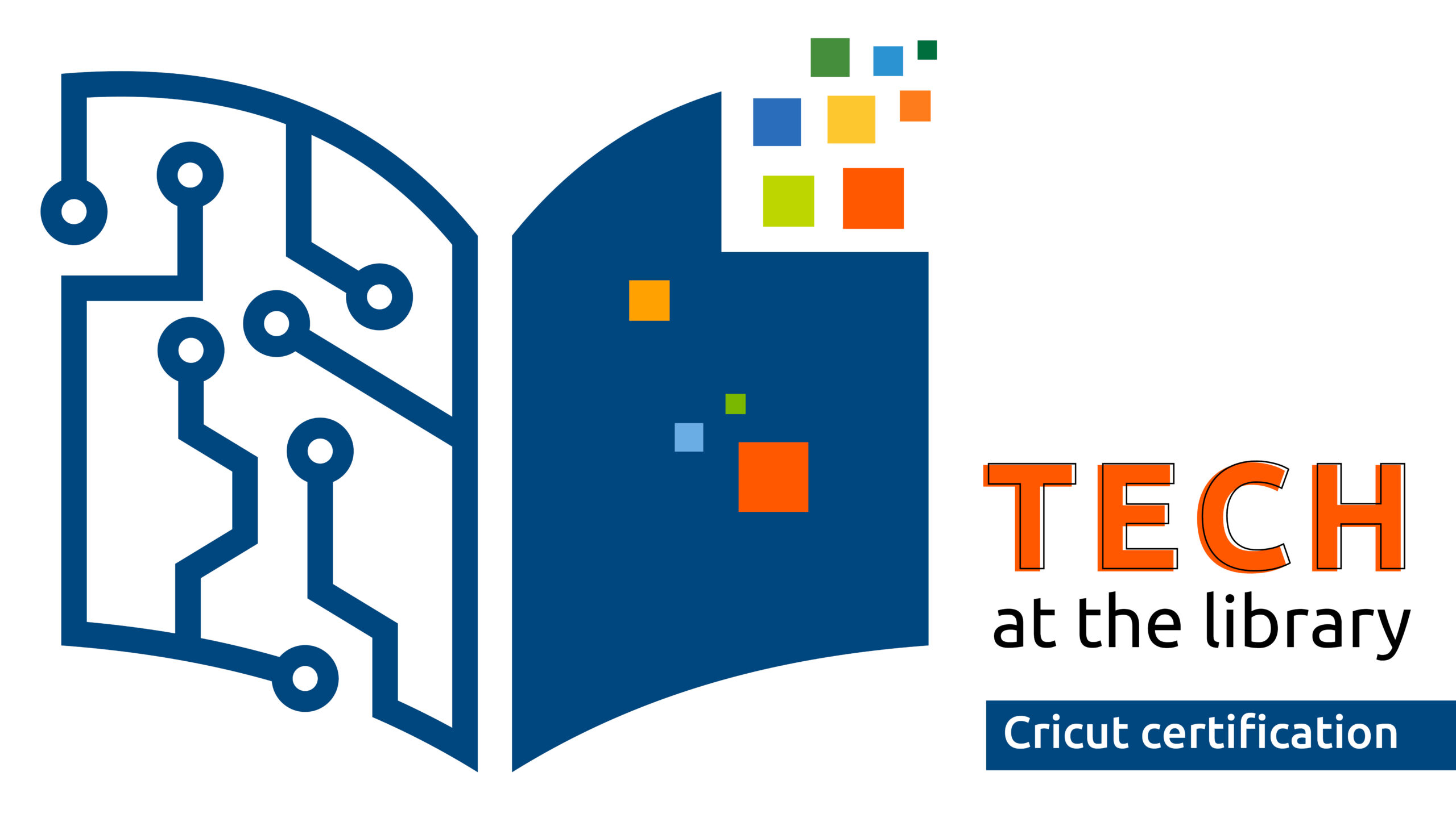 Illustration of an open book with circut drawings. Text promotes Tech at the Library: Cricut certification