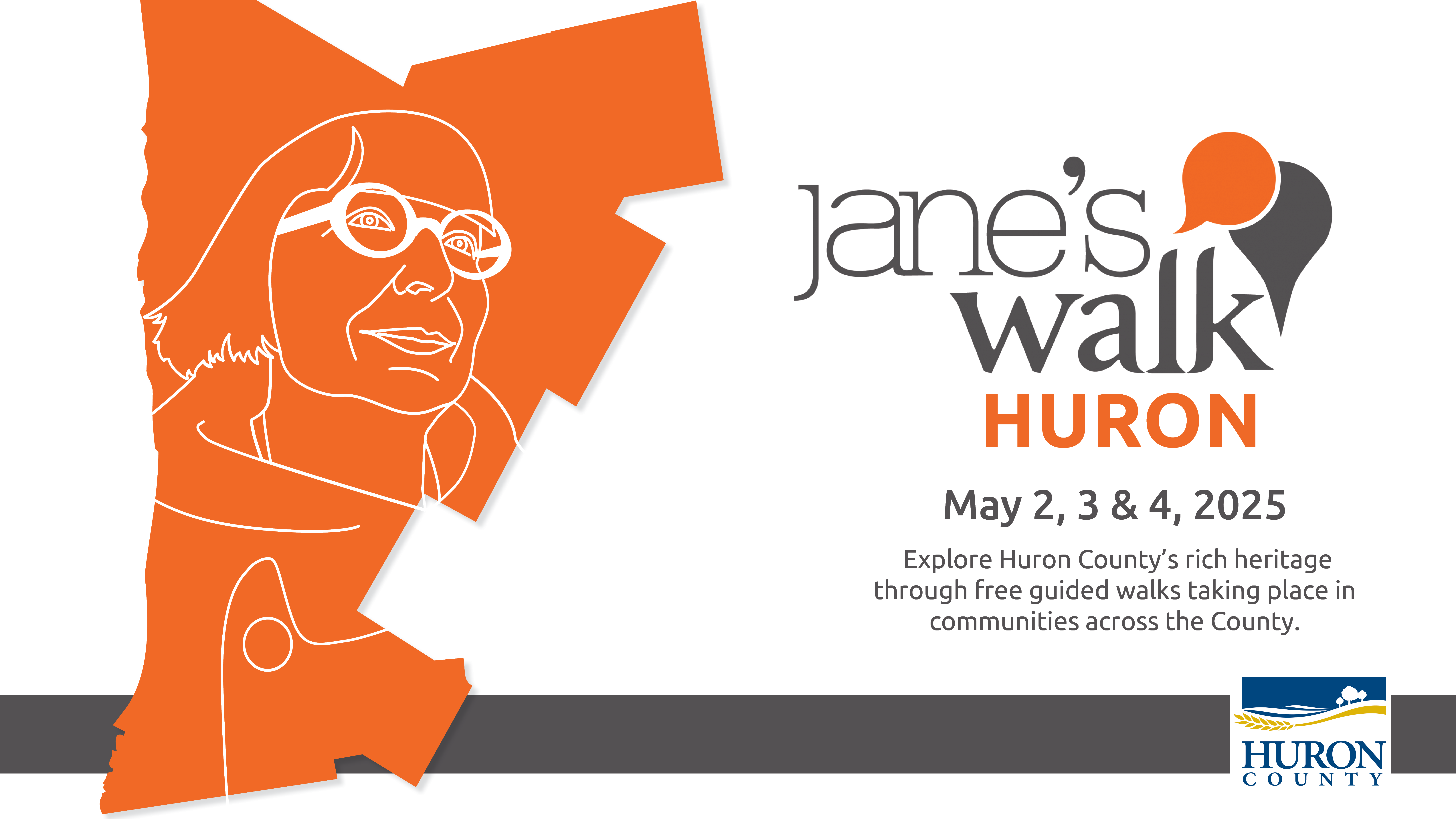 Illustration of Jane Jacobs over a map of Huron County with text promoting Jane's Walk Huron