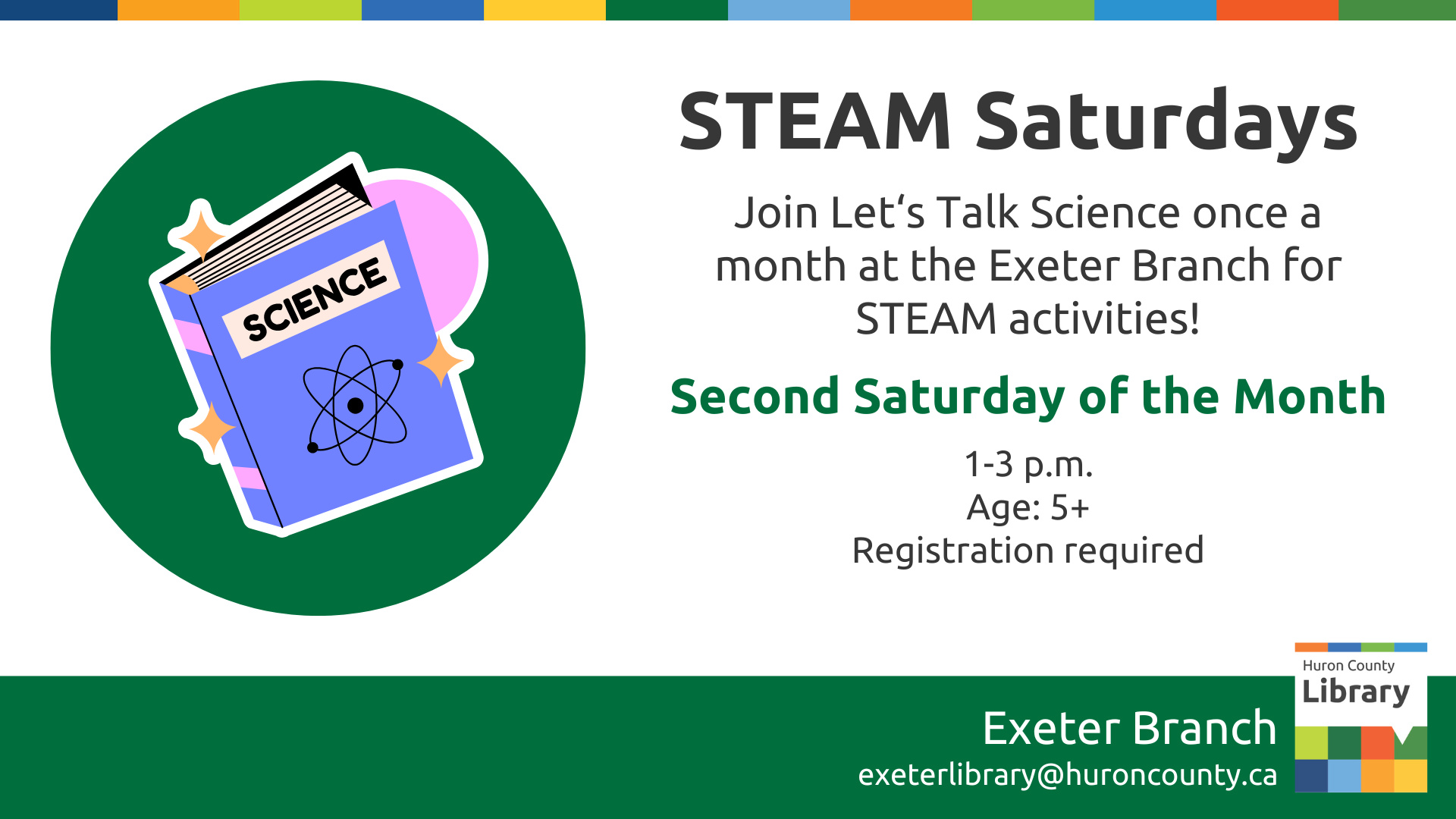 Illustration of a science textbook with text promoting STEAM Saturdays at Exeter