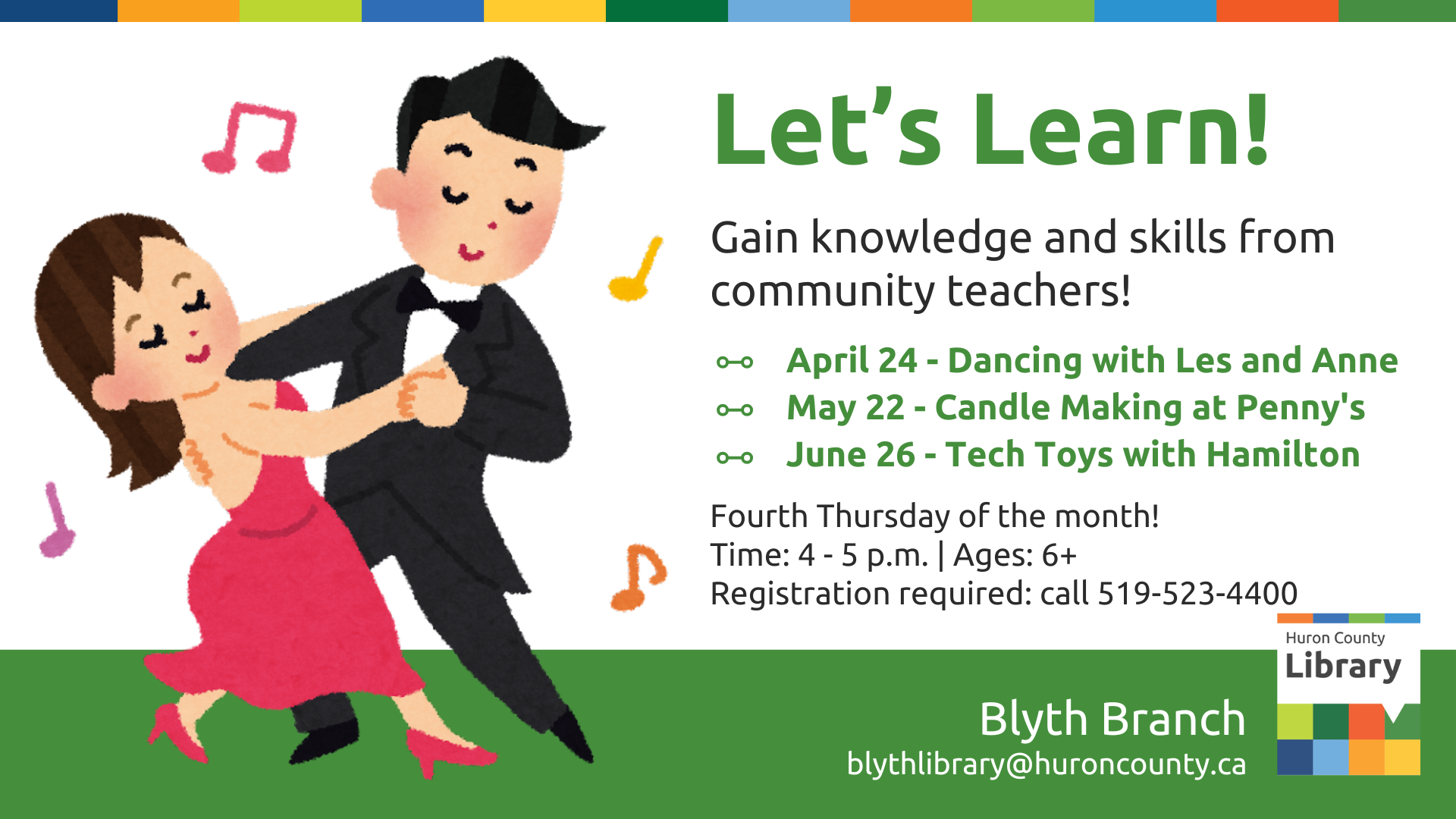 Illustration of two ballroom dancers with text promoting Let's Learn at Blyth