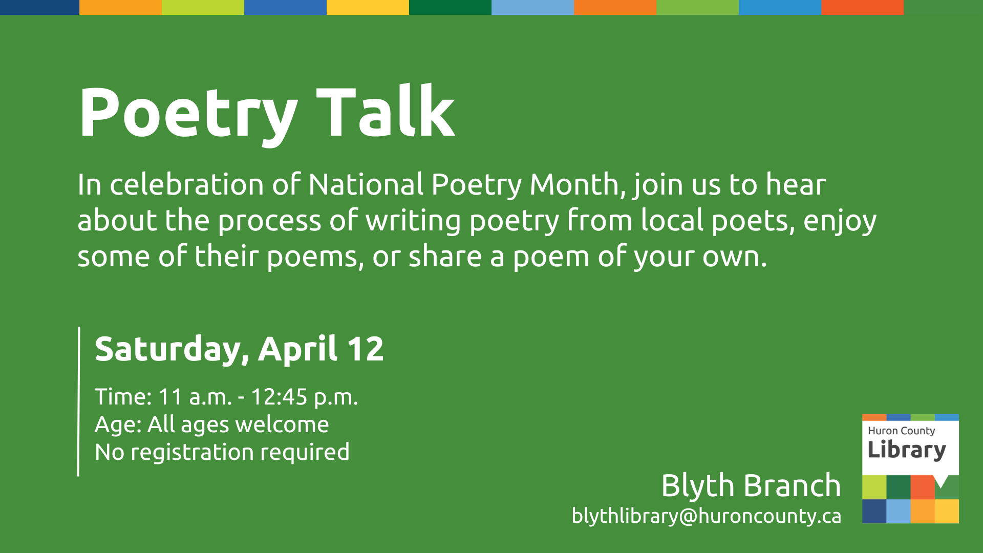 Dark green background with white text promoting Poetry Talk at Blyth