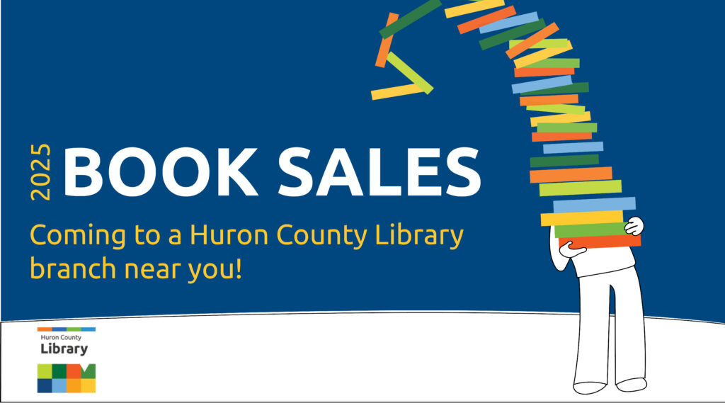 Illustration of a person holding a giant stack of books with text promoting 2025 library book sales