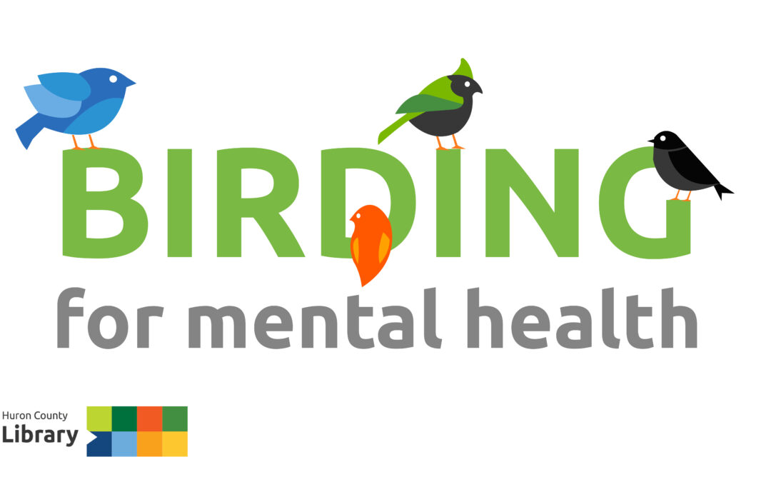 Illustration of birds with text promoting Birding for Mental Health