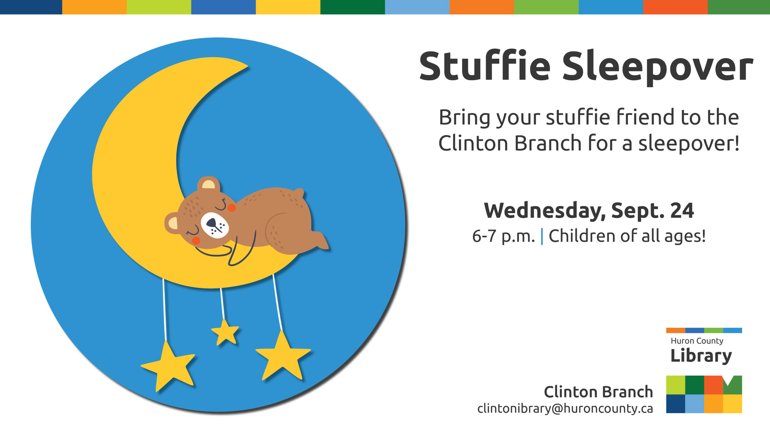 Illustration of a teddy bear sleeping on a crescent moon with text promoting Stuffie Sleepover at Clinton Branch