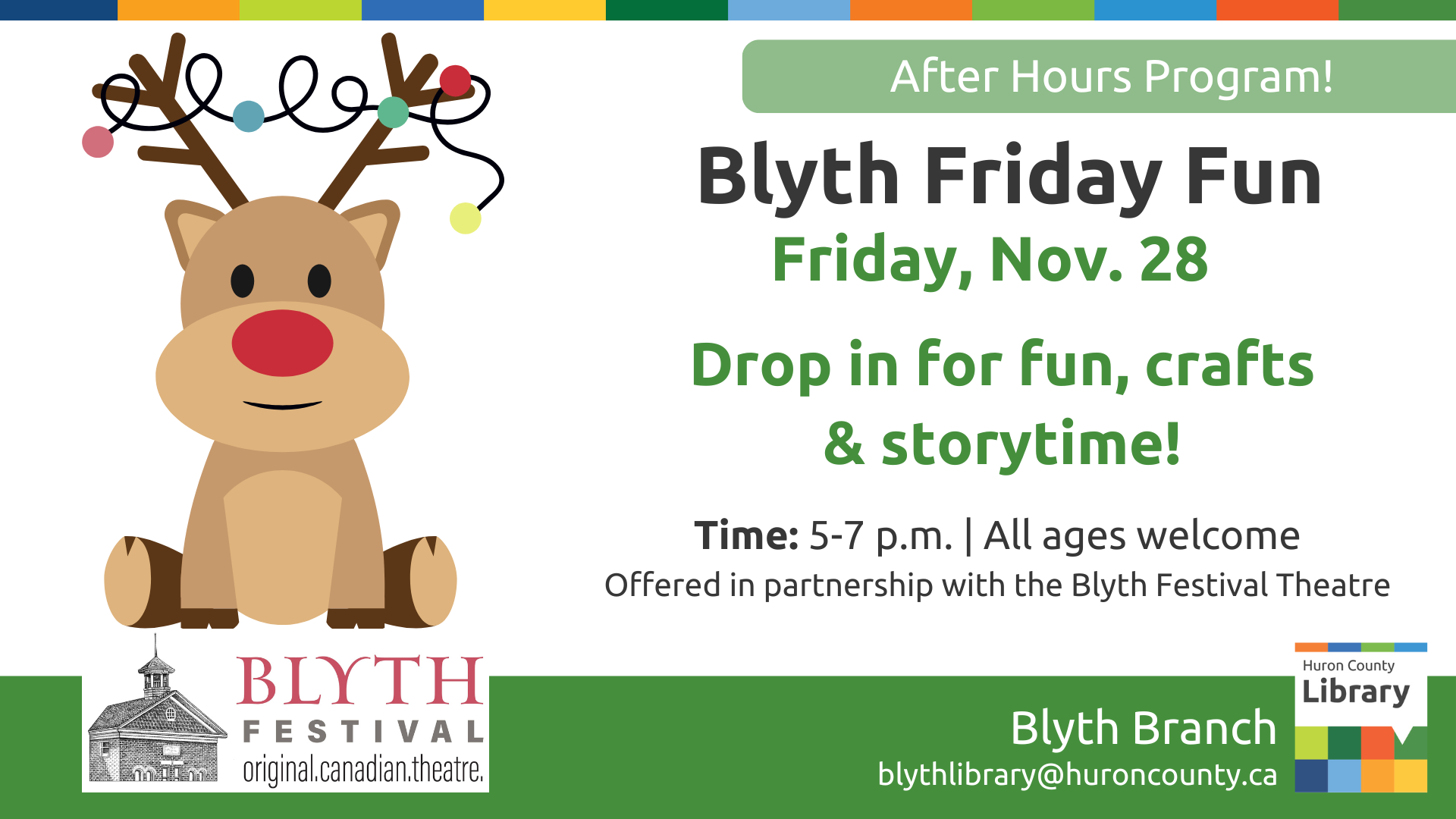 Illustration of a reindeer with a red nose and Christmas lights wrapped around their antlers. Text promoted Friday Fun in Blyth