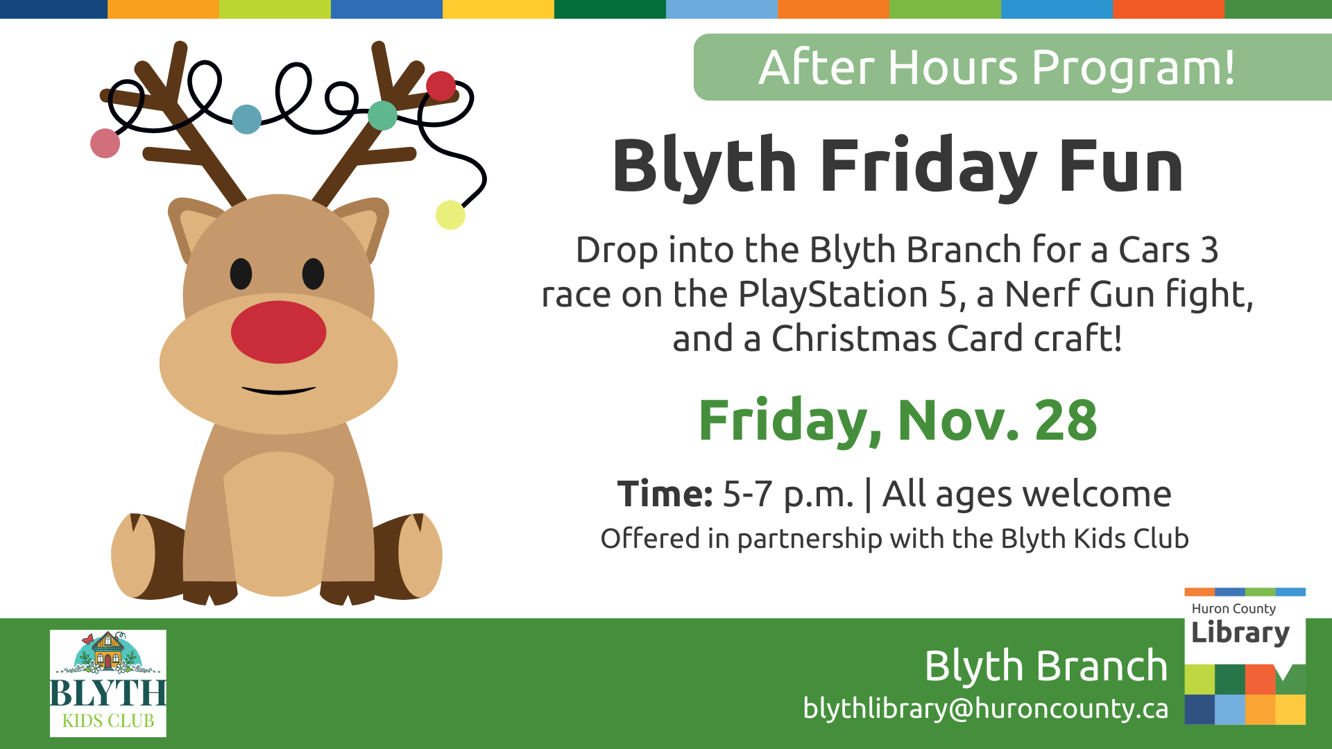 Illustration of a reindeer with a red nose and Christmas lights wrapped around their antlers. Text promoted Friday Fun in Blyth