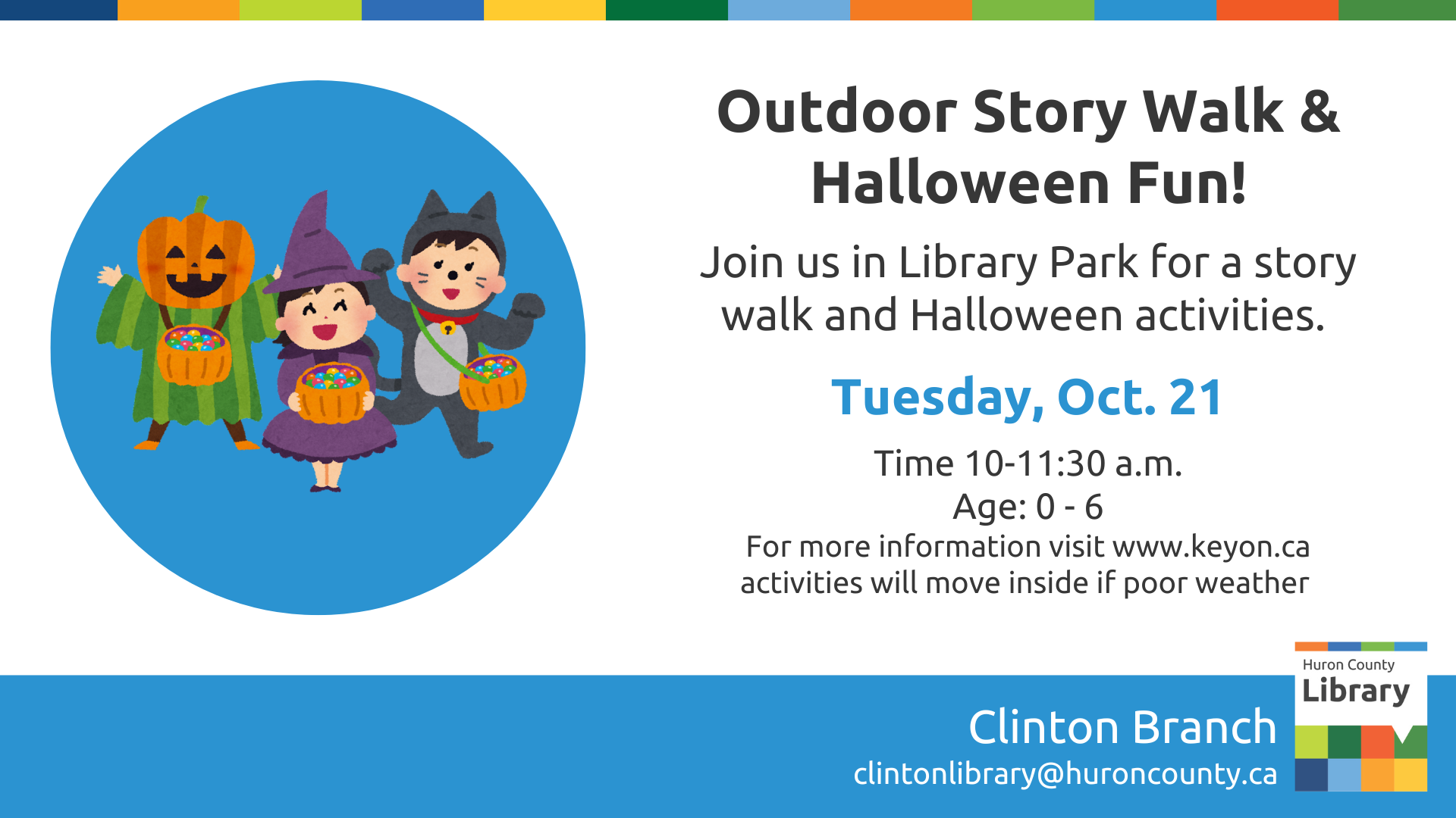 Illustration of kids in Halloween costumes with text promoting Halloween fun at Clinton