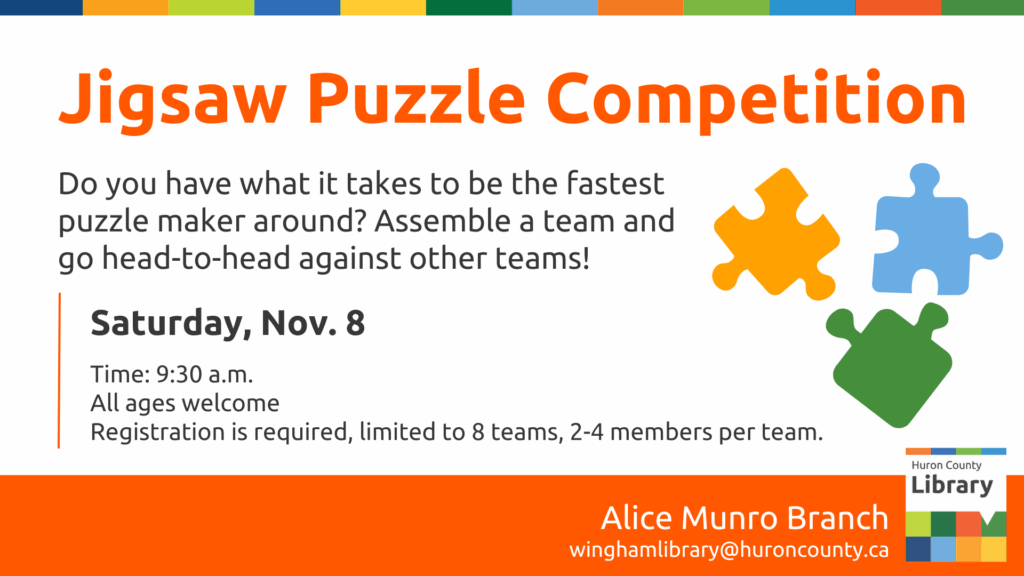 Illustration of puzzle pieces with text promoting puzzle competition at Wingham