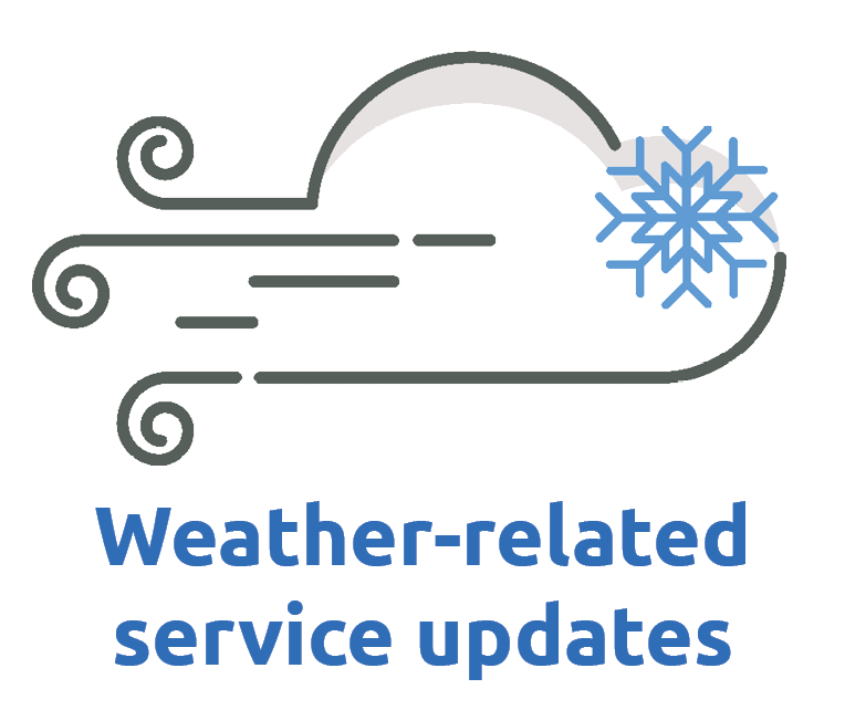 Illustration of a cloud, windy and a blue snowflake with text promoting weather-related service updates