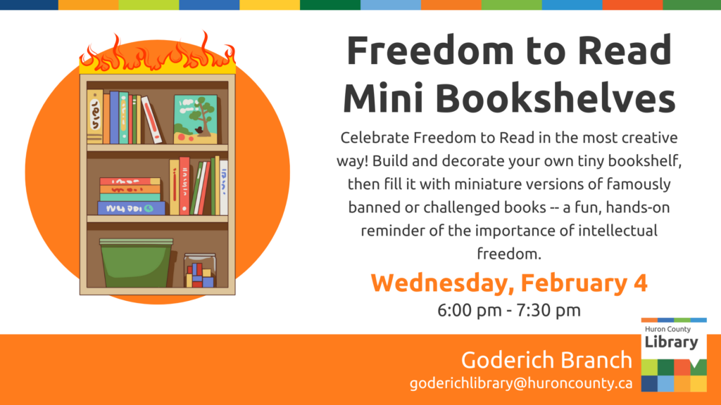 Illustration of a bookshelf filled with books and text promoting Freedom to Read mini bookshelves program