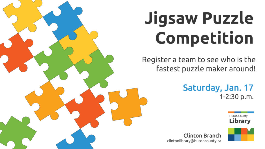 Illustration of different coloured puzzle pieces with text promoting puzzle competition at Clinton