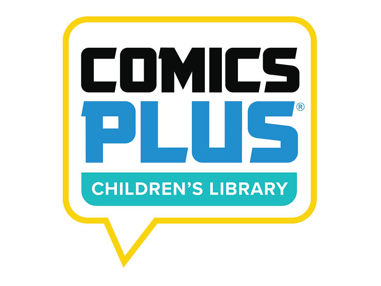 Comics Plus logo in a blue speech bubble and text promoting children's library