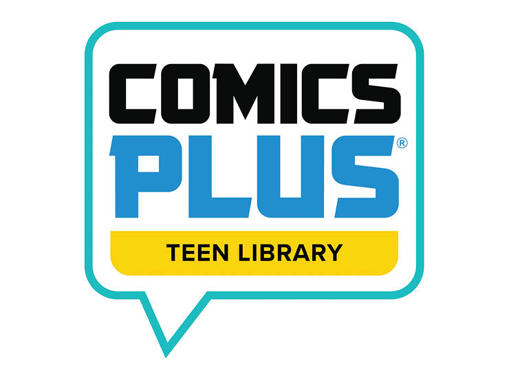 Comics Plus logo in a blue speech bubble and text promoting teen library<br />
