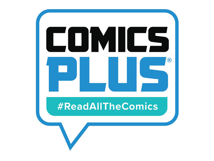 Comics Plus logo in a blue speech bubble