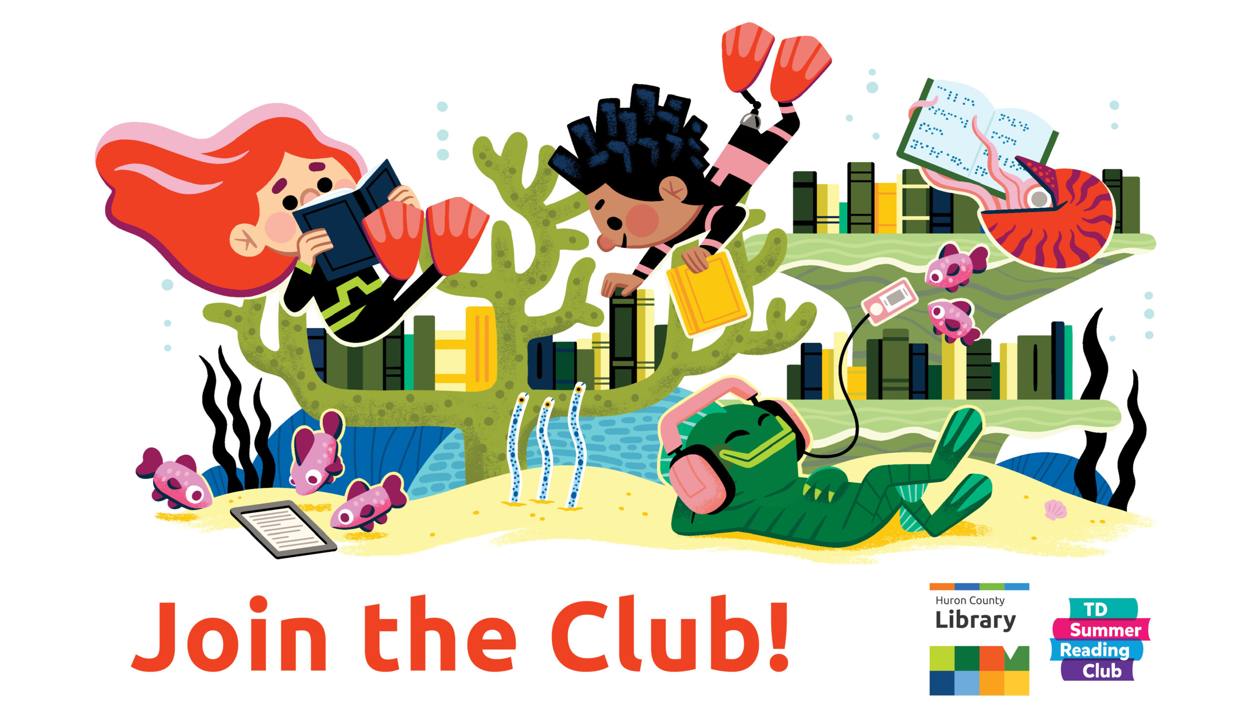 HCL - td summer reading banner Colourful illustration of kids reading under the sea with playful sea creatures. Text promotes joining the TD Summer Reading Club